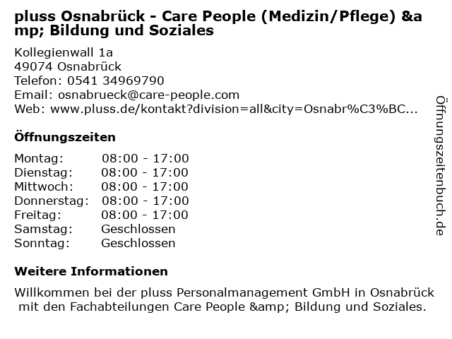 pluss Osnabrück - Care People (Medizin/Pflege) & Bildung und Soziales in Osnabrück: Adresse und Öffnungszeiten