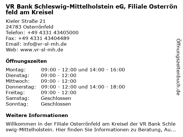 ᐅ Offnungszeiten Vr Bank Schleswig Mittelholstein Eg Filiale
