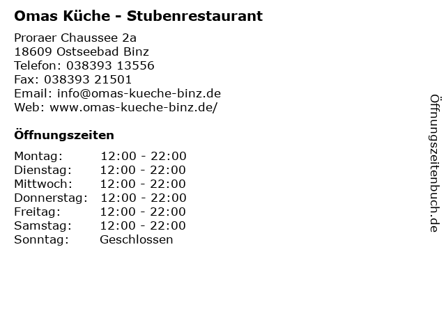 ᐅ Öffnungszeiten „Oma´s Küche“ | Proraer Chaussee 2a in Ostseebad Binz ᐅ Öffnungszeiten „Oma´s Küche“ | Proraer Chaussee 2a in Ostseebad Binz