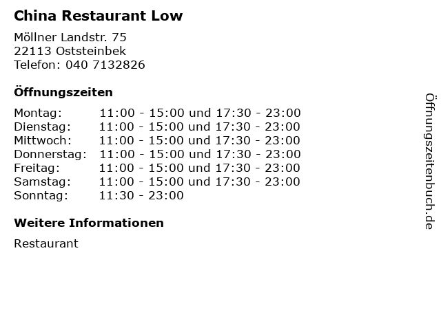 China Restaurant Low in Oststeinbek: Adresse und Öffnungszeiten