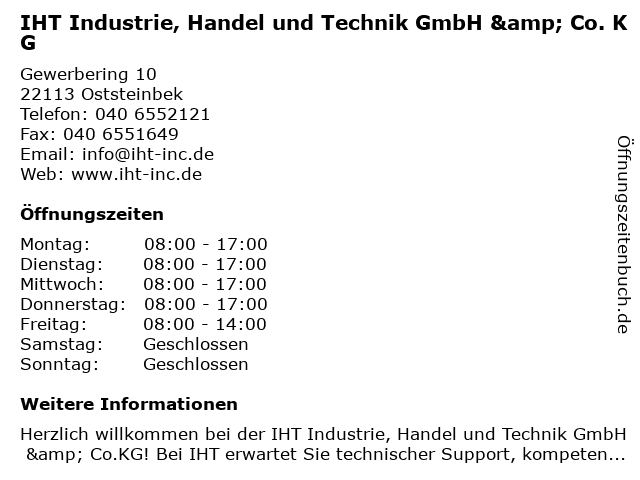 IHT Industrie, Handel und Technik GmbH & Co. KG in Oststeinbek: Adresse und Öffnungszeiten