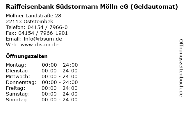 Raiffeisenbank Südstormarn Mölln eG (Geldautomat) in Oststeinbek: Adresse und Öffnungszeiten