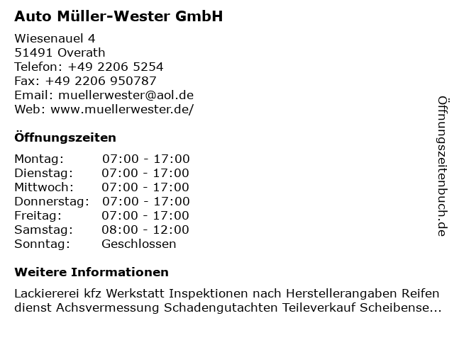Auto Müller-Wester GmbH in Overath: Adresse und Öffnungszeiten