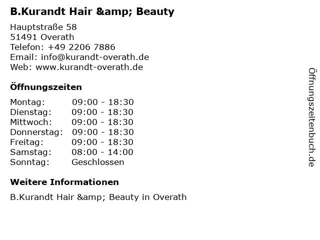 B.Kurandt Hair & Beauty in Overath: Adresse und Öffnungszeiten