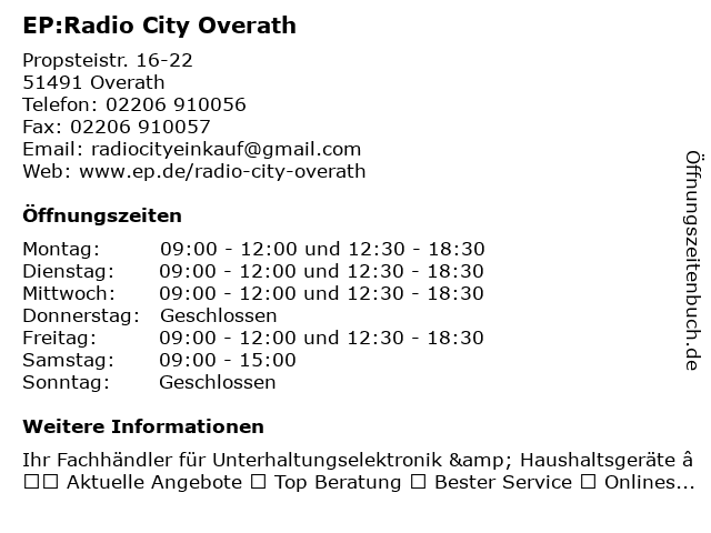 EP:Radio City Overath in Overath: Adresse und Öffnungszeiten