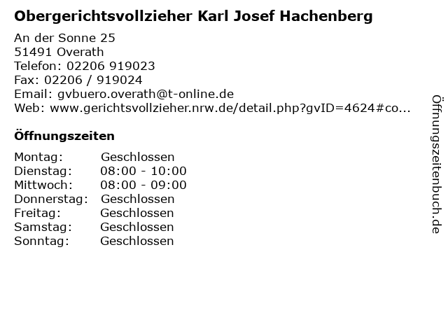 Obergerichtsvollzieher Karl Josef Hachenberg in Overath: Adresse und Öffnungszeiten