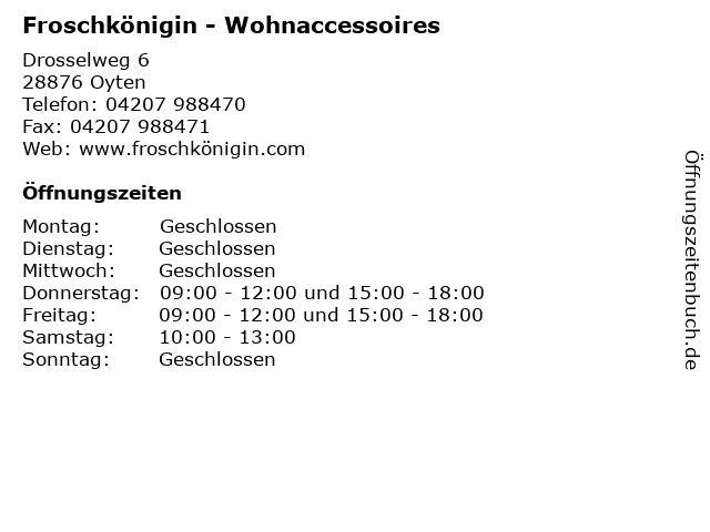 ᐅ Offnungszeiten Froschkonigin Wohnaccessoires Drosselweg 6 In Oyten
