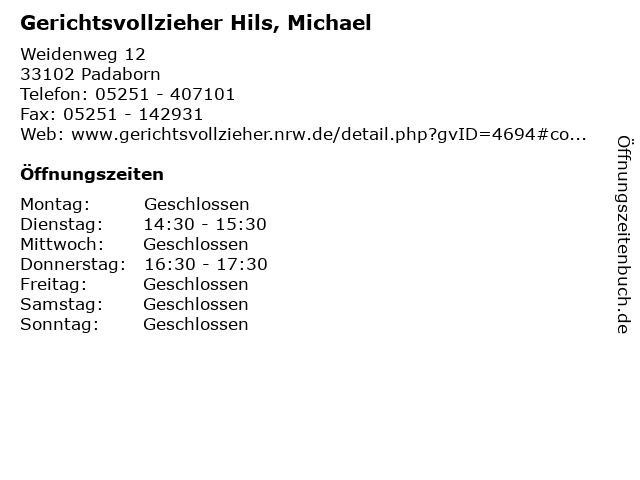 Gerichtsvollzieher Hils, Michael in Padaborn: Adresse und Öffnungszeiten
