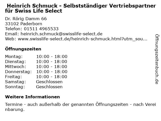  Heinrich Schmuck - Selbstständiger Vertriebspartner für Swiss Life Select in Paderborn: Adresse und Öffnungszeiten