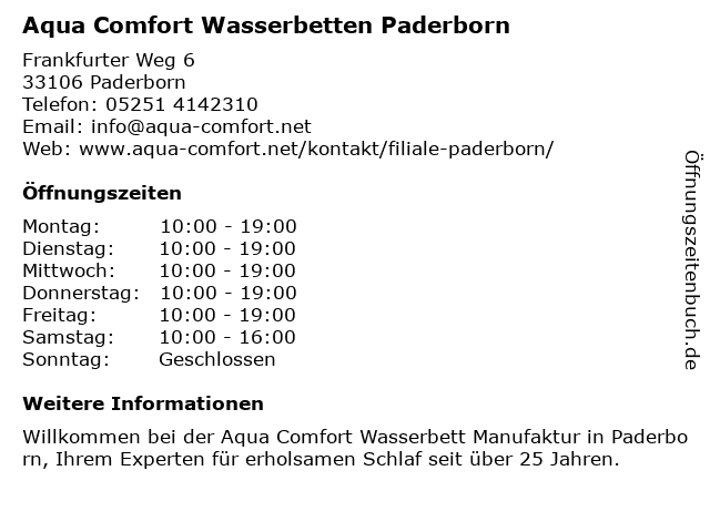 ᐅ Offnungszeiten Aqua Comfort Wasserbetten Frankfurter Weg 6 In Paderborn