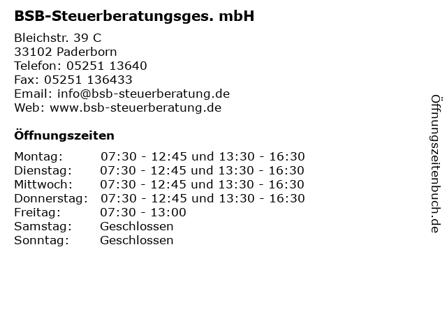 BSB-Steuerberatungsges. mbH in Paderborn: Adresse und Öffnungszeiten