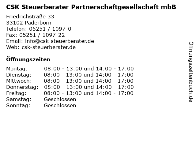 CSK Steuerberater Partnerschaftgesellschaft mbB in Paderborn: Adresse und Öffnungszeiten