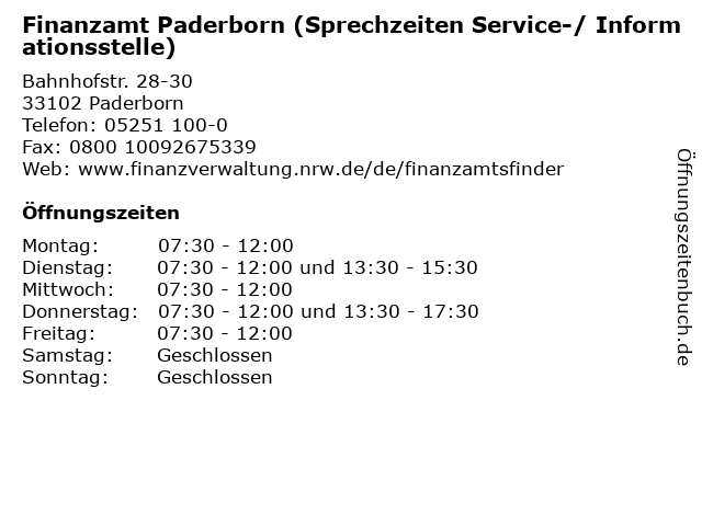 Finanzamt Paderborn (Sprechzeiten Service-/ Informationsstelle) in Paderborn: Adresse und Öffnungszeiten
