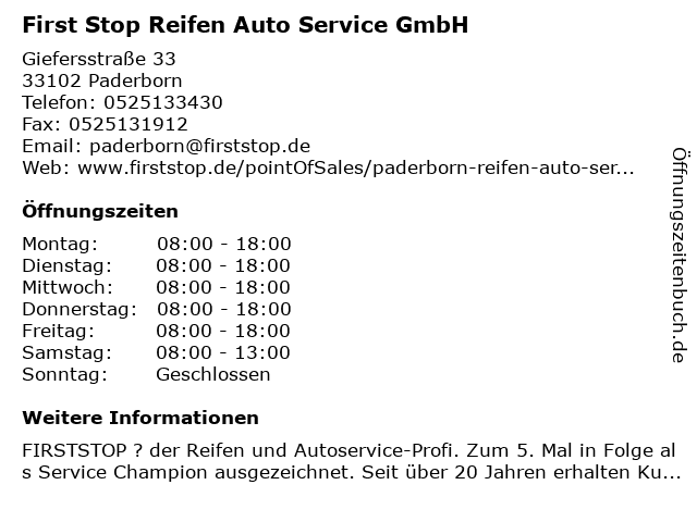 First Stop Reifen Auto Service GmbH in Paderborn: Adresse und Öffnungszeiten