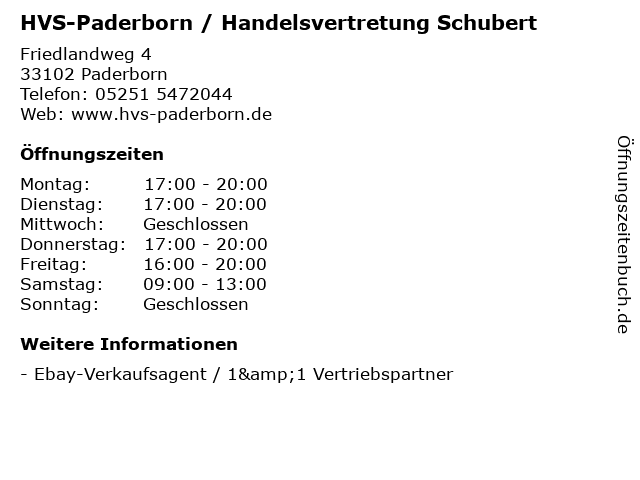 HVS-Paderborn / Handelsvertretung Schubert in Paderborn: Adresse und Öffnungszeiten