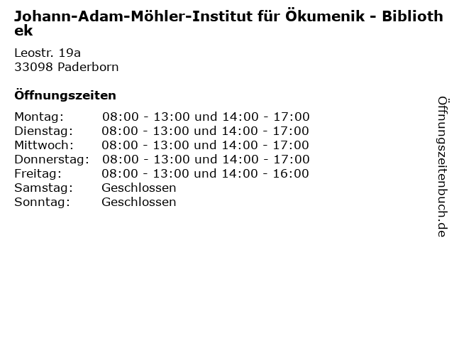 Johann-Adam-Möhler-Institut für Ökumenik - Bibliothek in Paderborn: Adresse und Öffnungszeiten
