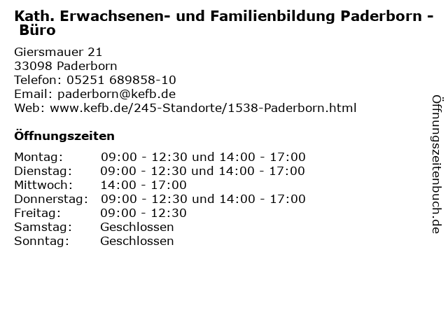 Kath. Erwachsenen- und Familienbildung Paderborn - Büro in Paderborn: Adresse und Öffnungszeiten