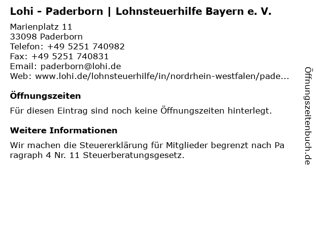 Lohi - Paderborn | Lohnsteuerhilfe Bayern e. V. in Paderborn: Adresse und Öffnungszeiten