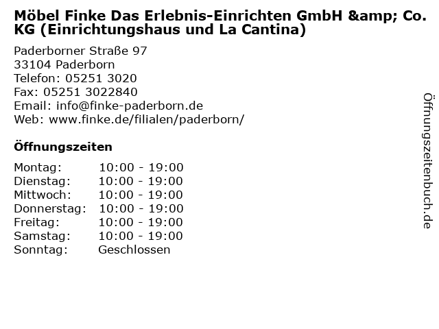 Möbel Finke Das Erlebnis-Einrichten GmbH & Co. KG (Einrichtungshaus und La Cantina) in Paderborn: Adresse und Öffnungszeiten