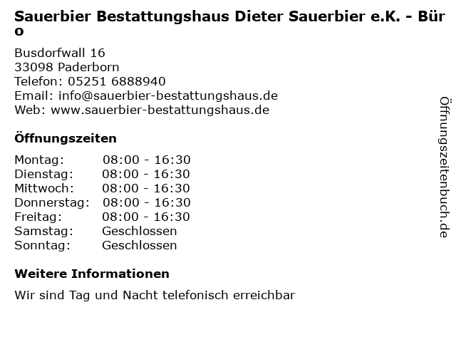 Sauerbier Bestattungshaus Dieter Sauerbier e.K. - Büro in Paderborn: Adresse und Öffnungszeiten
