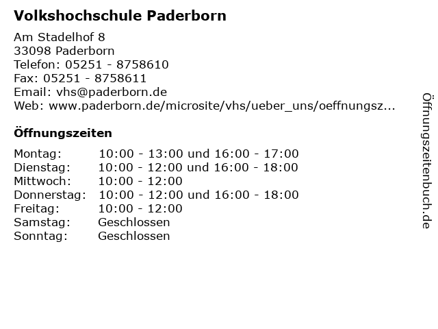 Volkshochschule Paderborn in Paderborn: Adresse und Öffnungszeiten