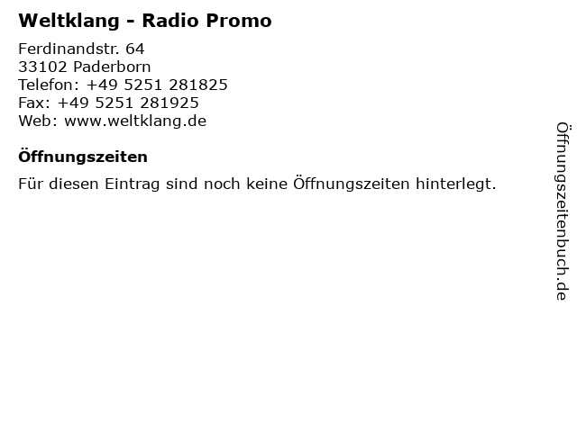 Weltklang - Radio Promo in Paderborn: Adresse und Öffnungszeiten