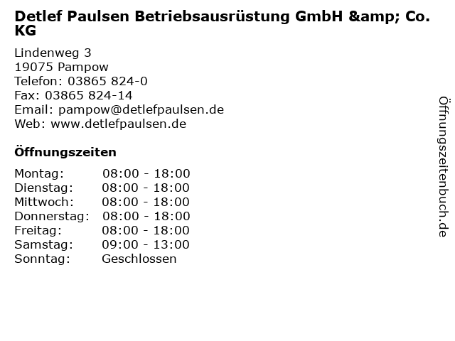 Detlef Paulsen Betriebsausrüstung GmbH & Co. KG in Pampow: Adresse und Öffnungszeiten
