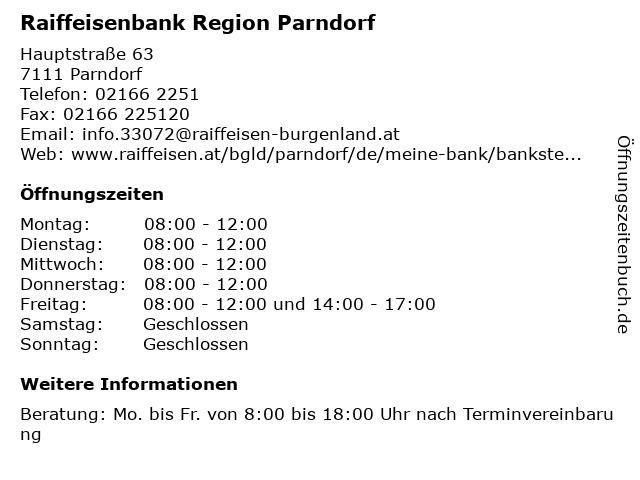 ᐅ Offnungszeiten Raiffeisenbank Region Parndorf Zentrale