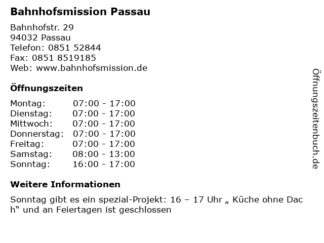 Bahnhofsmission Passau in Passau: Adresse und Öffnungszeiten