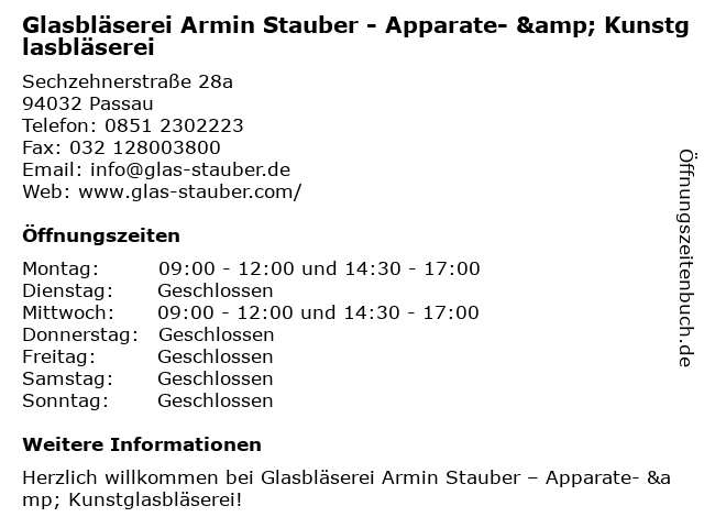 Glasbläserei Armin Stauber - Apparate- & Kunstglasbläserei in Passau: Adresse und Öffnungszeiten