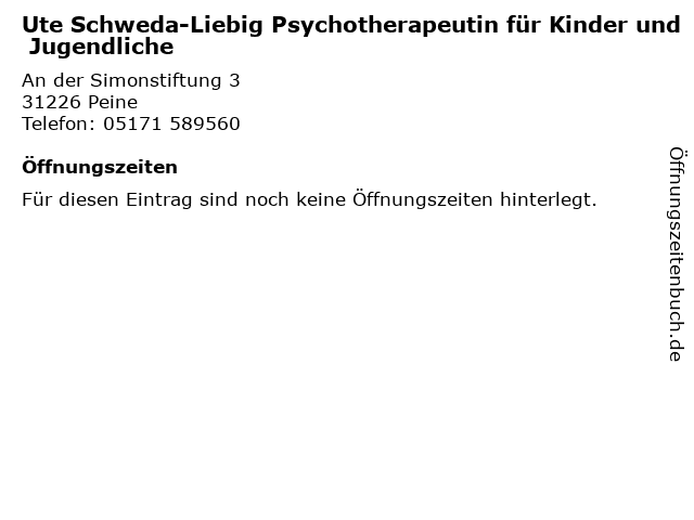 Ute Schweda-Liebig Psychotherapeutin für Kinder und Jugendliche in Peine: Adresse und Öffnungszeiten