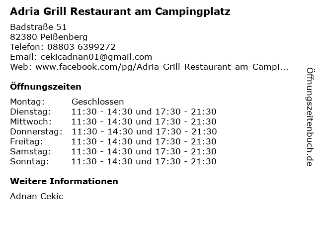 Adria Grill Restaurant am Campingplatz in Peißenberg: Adresse und Öffnungszeiten