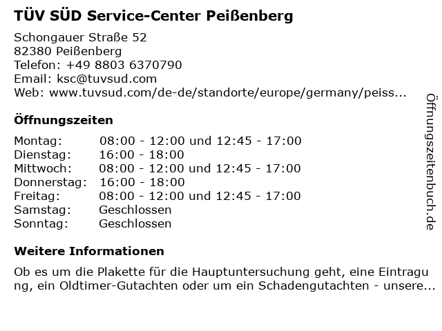 TÜV SÜD Service-Center Peißenberg in Peißenberg: Adresse und Öffnungszeiten