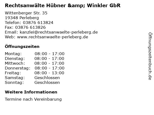 Rechtsanwälte Hübner & Winkler GbR in Perleberg: Adresse und Öffnungszeiten