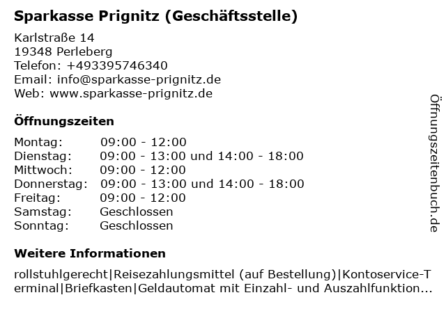 ᐅ Offnungszeiten Sparkasse Prignitz Geschaftsstelle Karlstrasse