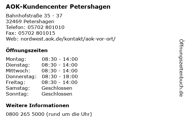 AOK-Kundencenter Petershagen in Petershagen: Adresse und Öffnungszeiten