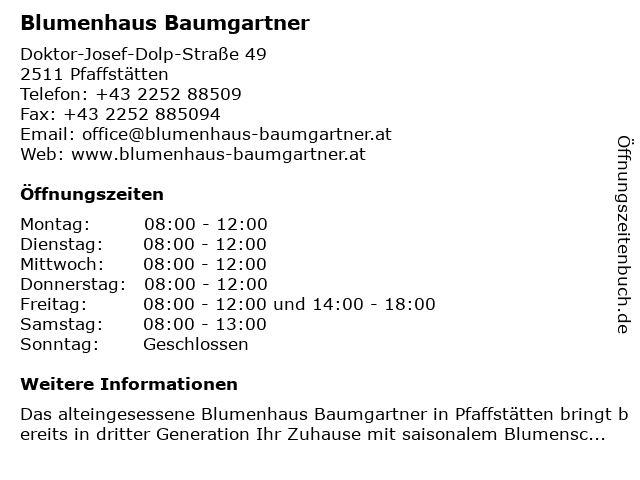 Blumenhaus Baumgartner in Pfaffstätten: Adresse und Öffnungszeiten