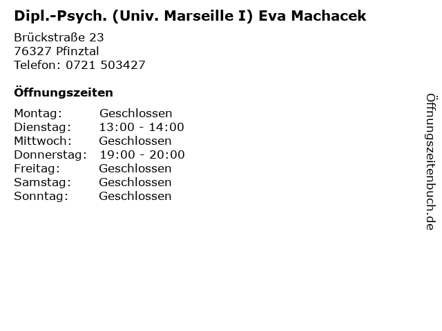 Dipl.-Psych. (Univ. Marseille I) Eva Machacek in Pfinztal: Adresse und Öffnungszeiten