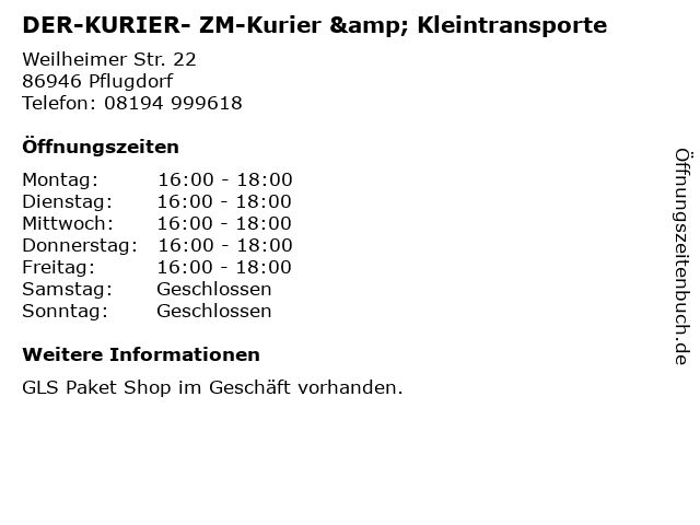 DER-KURIER- ZM-Kurier & Kleintransporte in Pflugdorf: Adresse und Öffnungszeiten