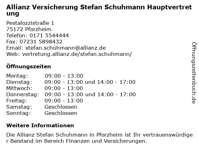 Allianz Versicherung Stefan Schuhmann Hauptvertretung in Pforzheim: Adresse und Öffnungszeiten