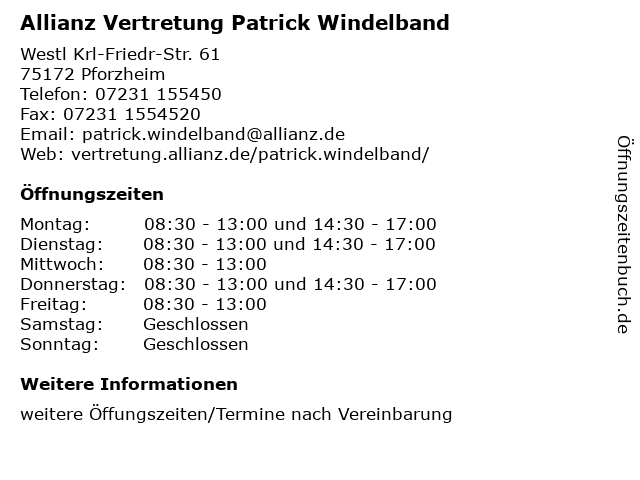 Allianz Vertretung Patrick Windelband in Pforzheim: Adresse und Öffnungszeiten