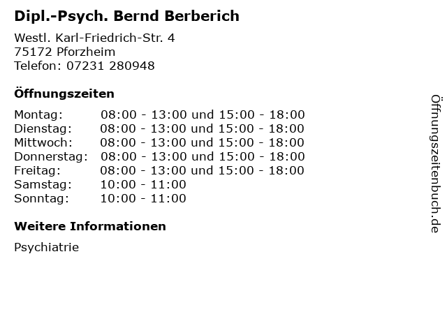 Dipl.-Psych. Bernd Berberich in Pforzheim: Adresse und Öffnungszeiten