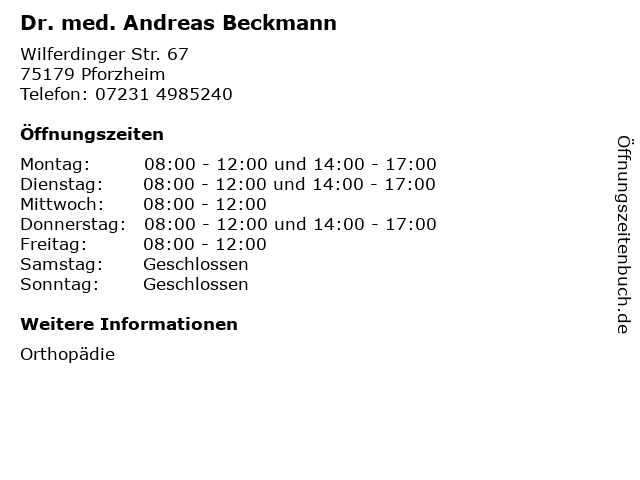 Dr. med. Andreas Beckmann in Pforzheim: Adresse und Öffnungszeiten