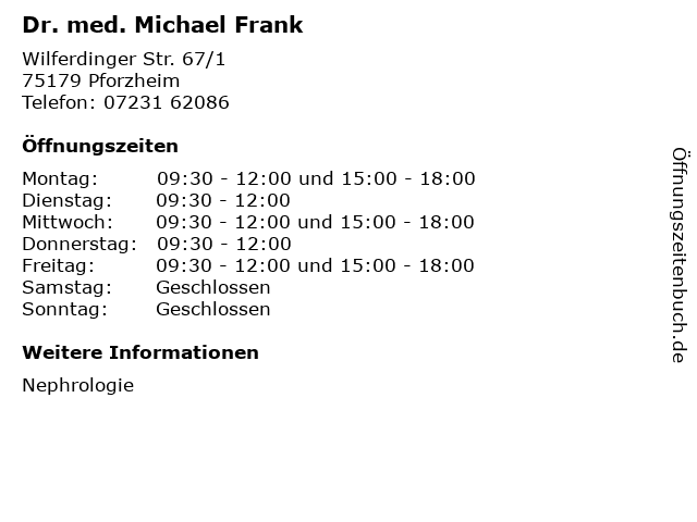 Dr. med. Michael Frank in Pforzheim: Adresse und Öffnungszeiten