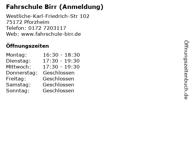 Fahrschule Birr (Anmeldung) in Pforzheim: Adresse und Öffnungszeiten