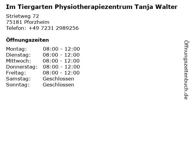 Im Tiergarten Physiotherapiezentrum Tanja Walter in Pforzheim: Adresse und Öffnungszeiten