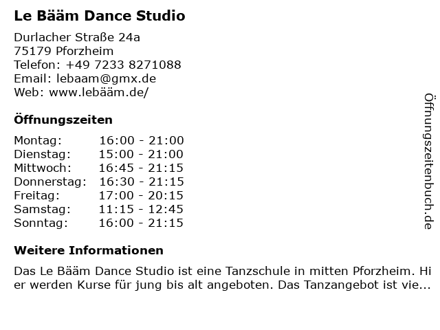 Le Bääm Dance Studio in Pforzheim: Adresse und Öffnungszeiten