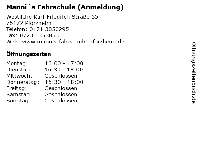 Manni´s Fahrschule (Anmeldung) in Pforzheim: Adresse und Öffnungszeiten