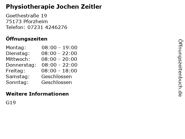 Physiotherapie Jochen Zeitler in Pforzheim: Adresse und Öffnungszeiten