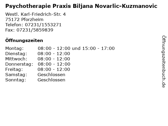 Psychotherapie Praxis Biljana Novarlic-Kuzmanovic in Pforzheim: Adresse und Öffnungszeiten